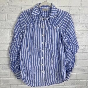 Lee Mathews Stevie Gathered Stripe Button Up Shirt Womens Size 1 Small Sky Blue